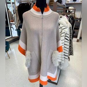 Women's Tan and Orange Sweater with Fox Fur trim